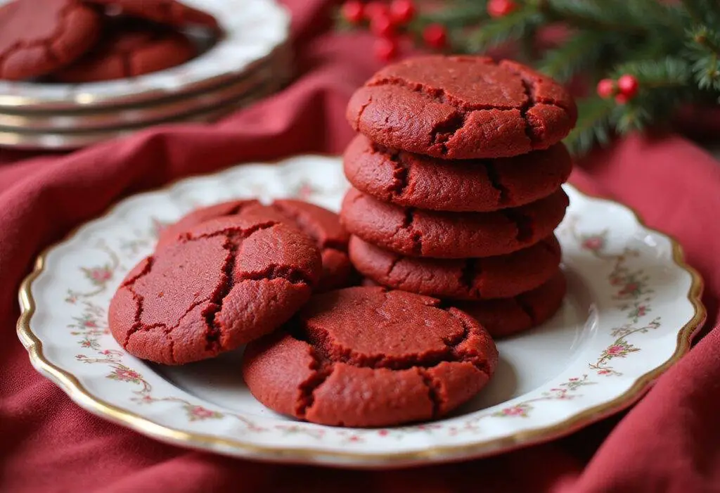 Freshly baked red velvet cookies using cake mix displayed on a plate, perfect for a festive dessert or snack.