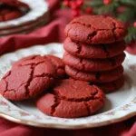 Freshly baked red velvet cookies using cake mix displayed on a plate, perfect for a festive dessert or snack.