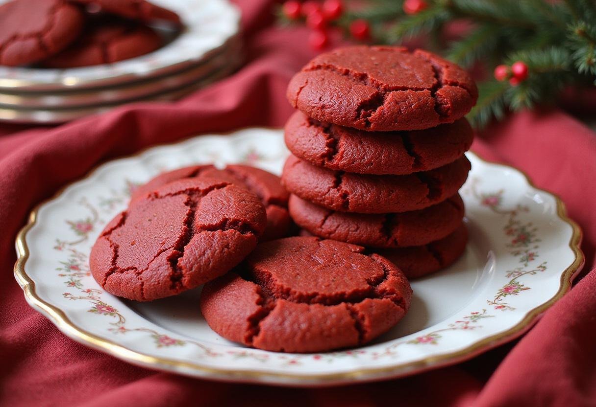 Freshly baked red velvet cookies using cake mix displayed on a plate, perfect for a festive dessert or snack.