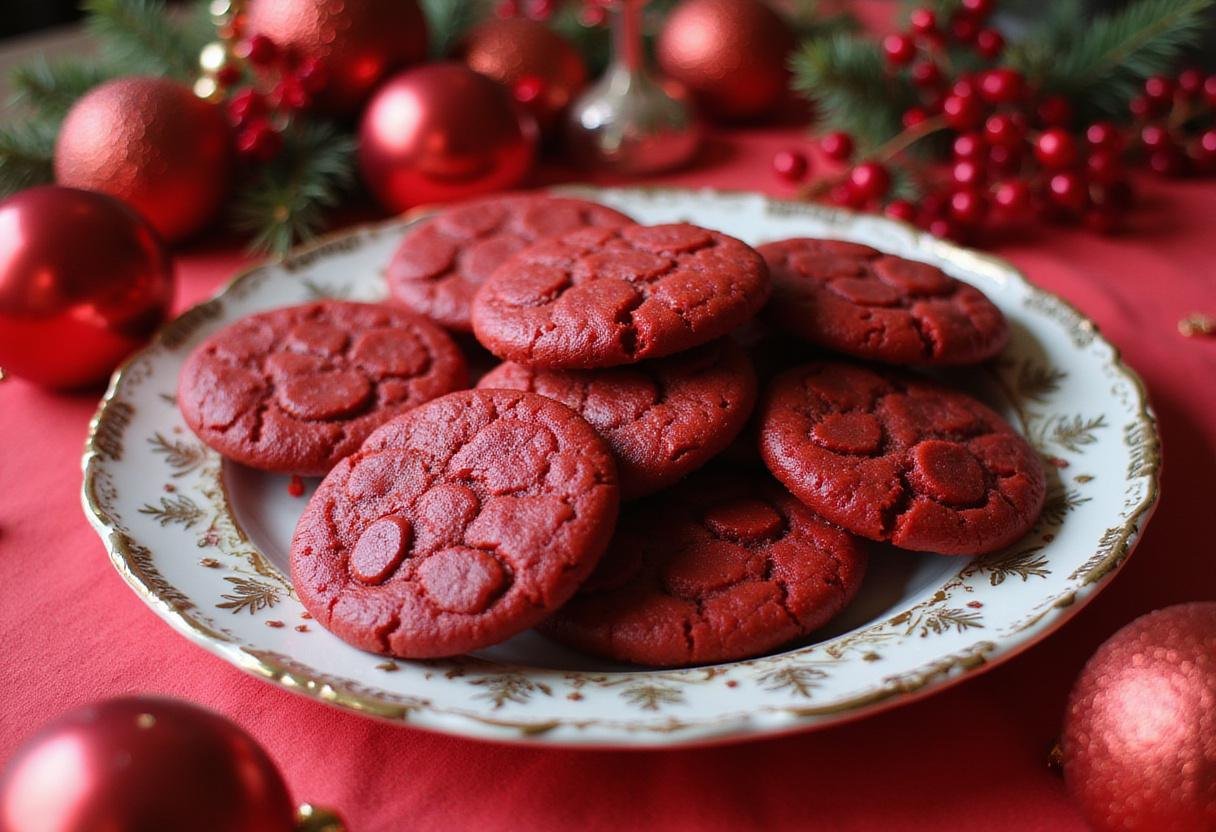 Freshly baked red velvet cookies using cake mix displayed on a plate, perfect for a festive dessert or snack.