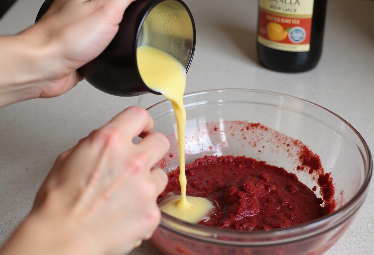 Creating delicious red velvet cookies using cake mix with melted butter and vanilla extract in the mixing bowl for added flavor.