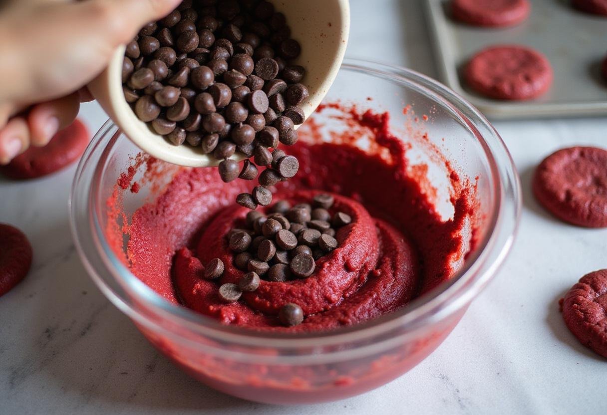 Mixing chocolate chips into the red velvet cake mix cookie dough, an essential step for making delicious red velvet cookies.