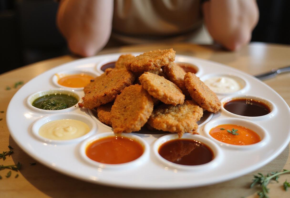 Deliciously reheated chicken nuggets served with sauces for an appetizing meal.