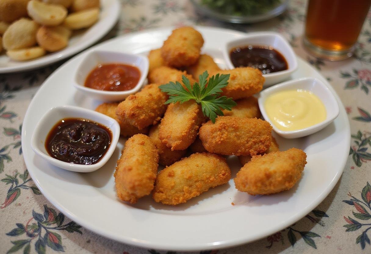 Deliciously reheated chicken nuggets served with sauces for an appetizing meal.