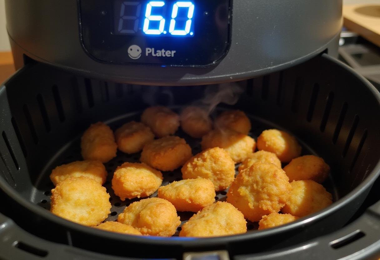 Monitoring the timer while reheating chicken nuggets in air fryer for ideal crispiness.