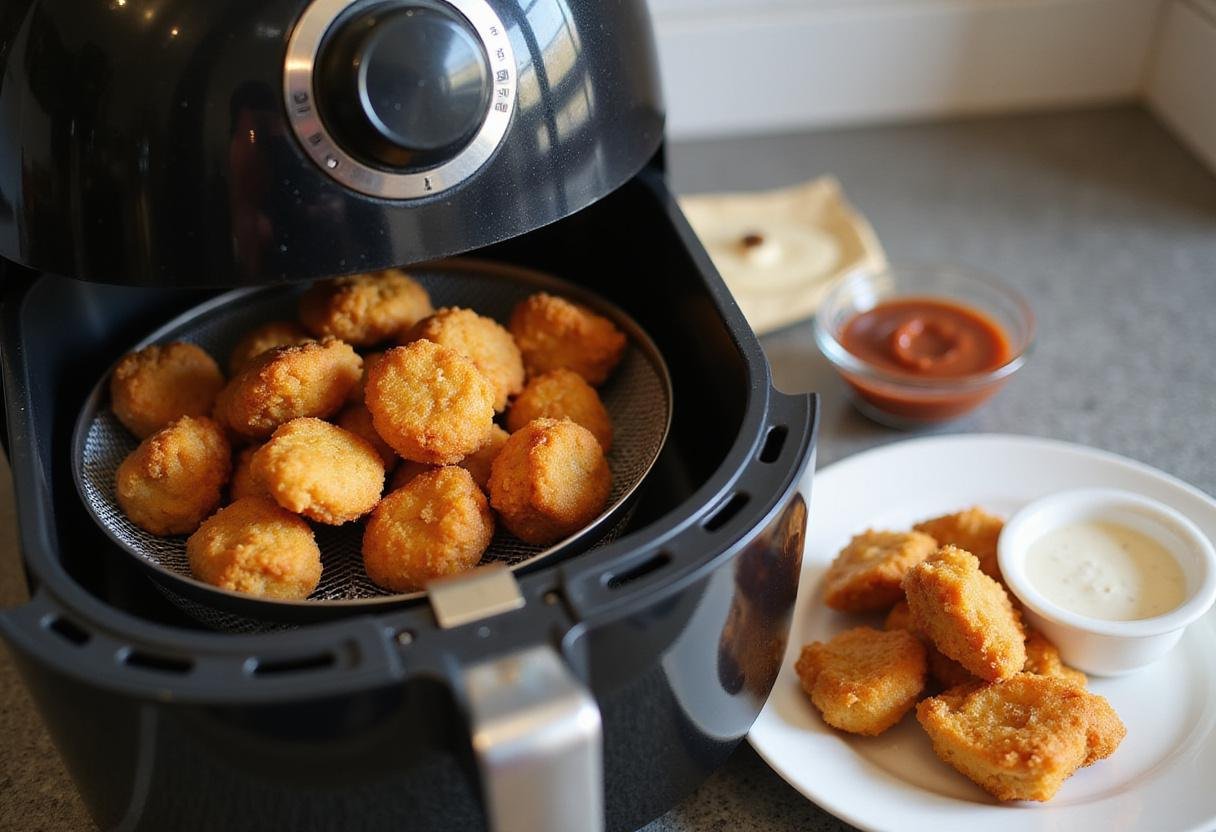 Freshly reheated chicken nuggets ready to be served from the air fryer.