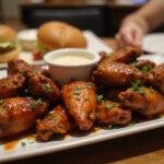 Deliciously prepared BBQ air fryer chicken wings served on a platter, garnished for a perfect finish in an inviting dining setup.