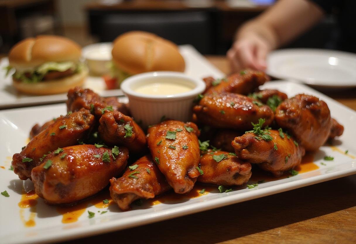 Deliciously prepared BBQ air fryer chicken wings served on a platter, garnished for a perfect finish in an inviting dining setup.