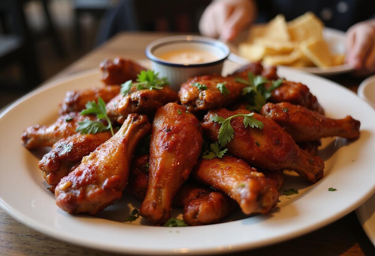 Deliciously prepared BBQ air fryer chicken wings served on a platter, garnished for a perfect finish in an inviting dining setup.