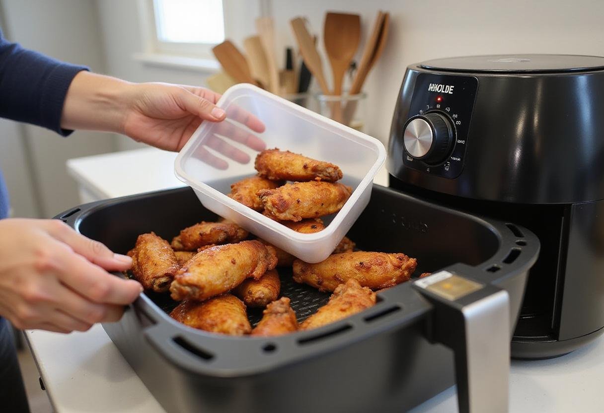 Reheat chicken wings in air fryer by placing them in the basket, showcasing a bright kitchen scene with organized utensils.