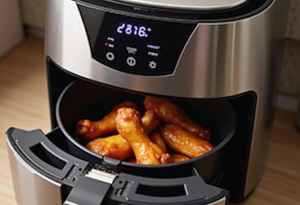 Reheating chicken wings in air fryer, focusing on the air fryer's control panel with the timer and temperature settings visible for perfect results.