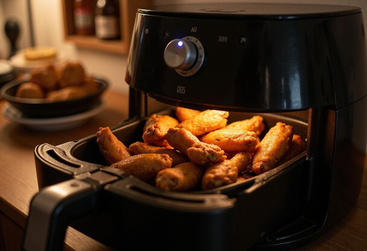 Visualize the air fryer in action, demonstrating how to reheat chicken wings effectively, highlighting the warm and inviting kitchen environment.