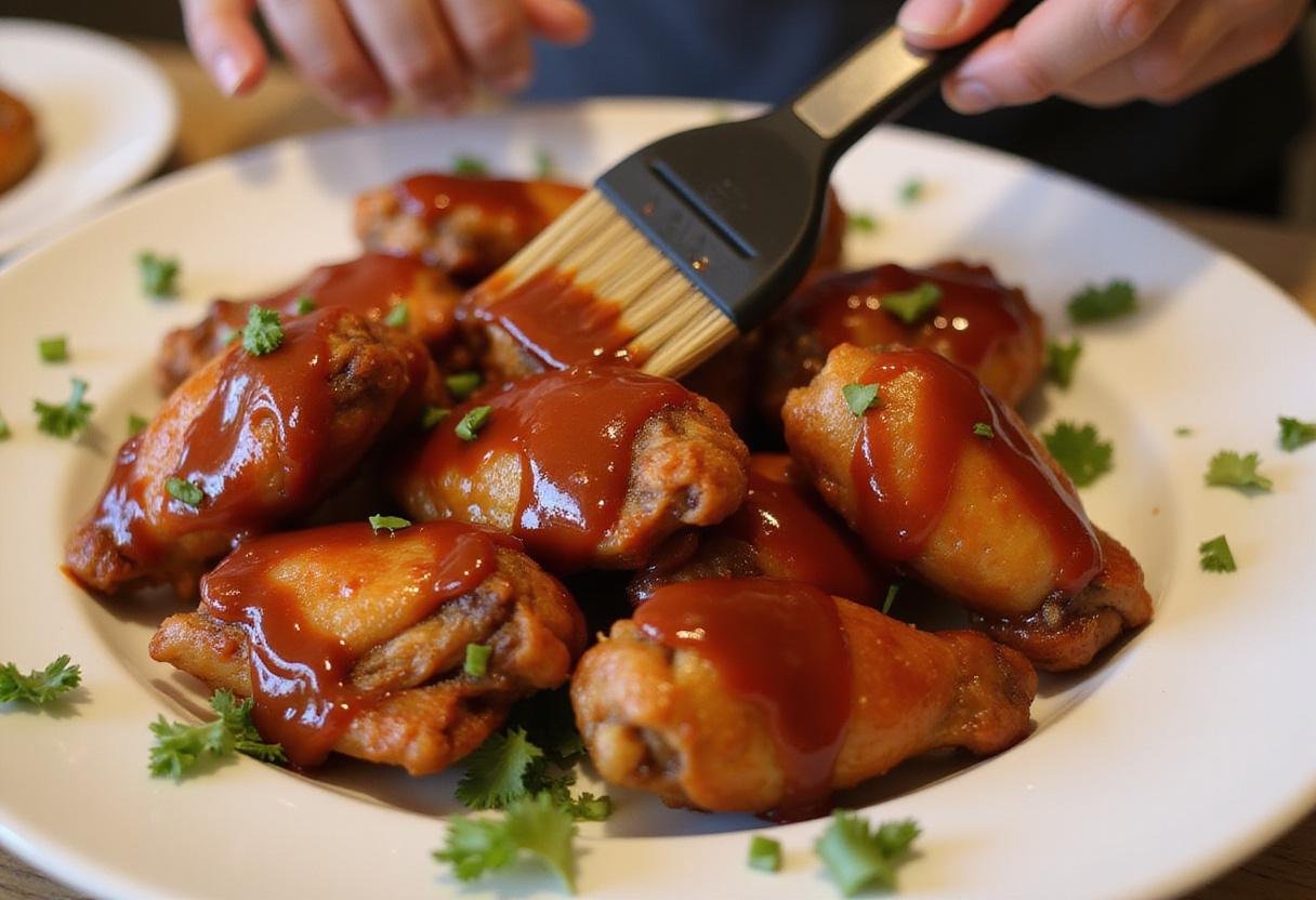 Showcasing air fryer BBQ chicken wings being brushed with sauce, highlighting the glistening appearance and delicious presentation on a plate.