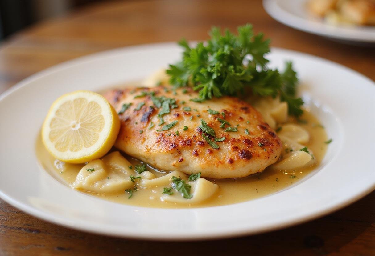 Delicious restaurant-style Chicken Piccata served on a plate, capturing the essence of iconic dishes from Maggiano's and the Cheesecake Factory.