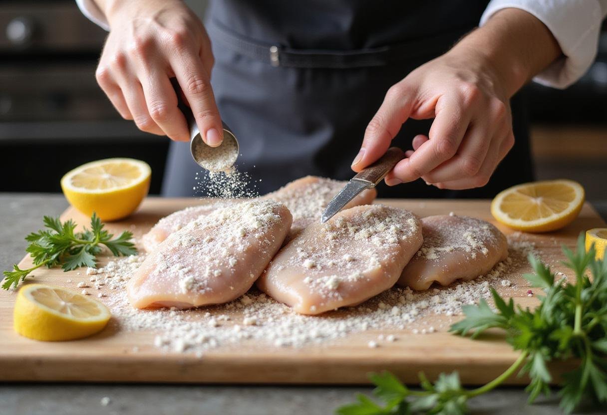 Seasoning chicken breasts for a flavorful restaurant-style Chicken Piccata with fresh herbs and lemon slices.