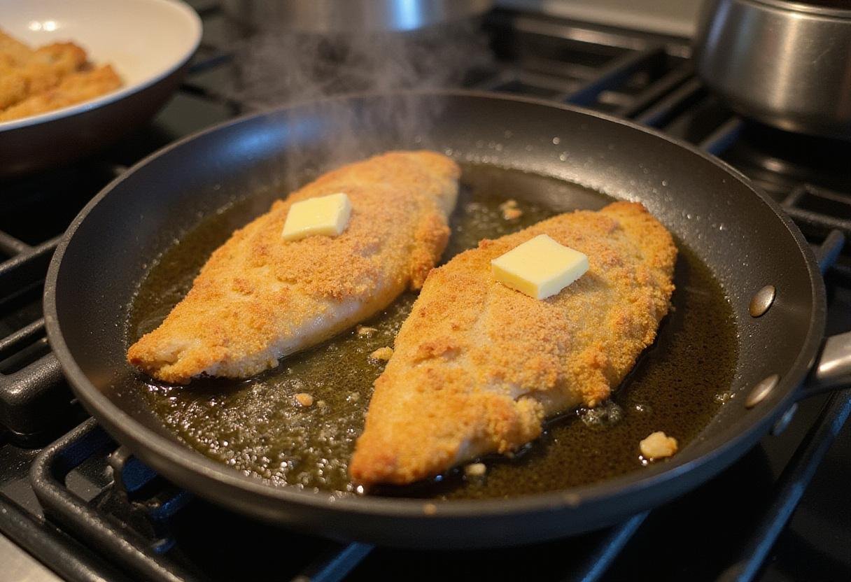 Cooking chicken in butter and olive oil for a crispy and delicious Chicken Piccata, reminiscent of iconic dishes from the Cheesecake Factory.