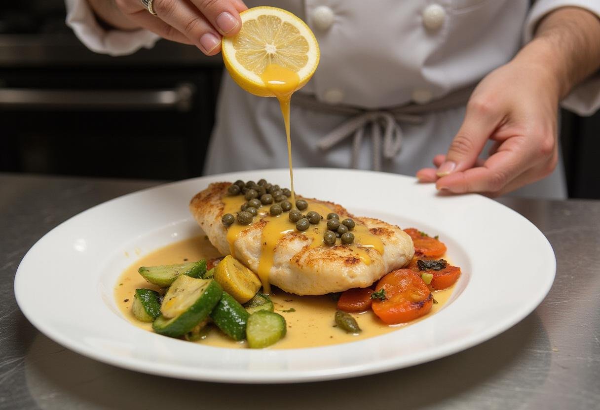 Plating a beautifully garnished Chicken Piccata showcasing the tangy lemon-caper sauce, resembling dishes served in upscale Italian restaurants.