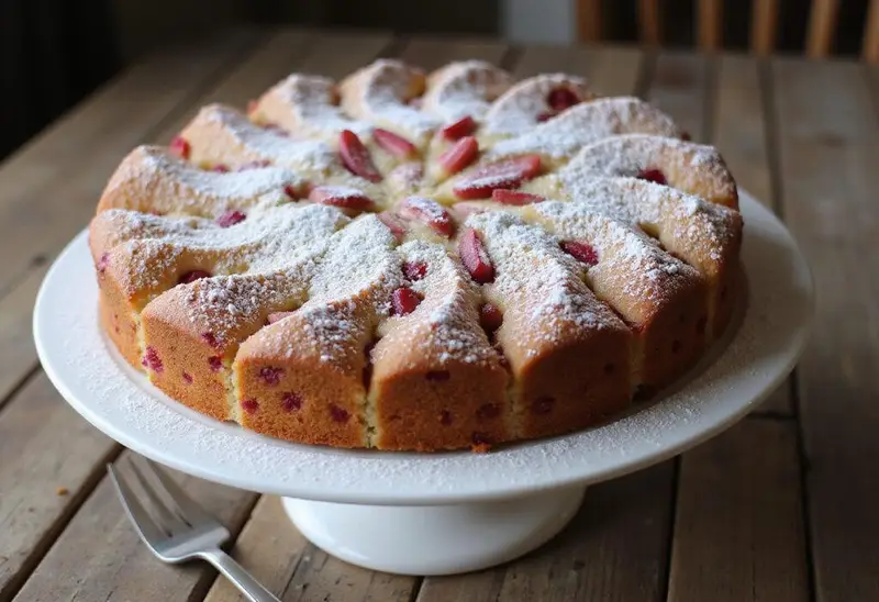 A stunning rhubarb and custard cake, showcasing its delectable layers and garnished perfectly, ideal for dessert lovers.