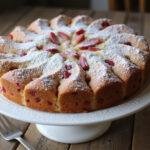A stunning rhubarb and custard cake, showcasing its delectable layers and garnished perfectly, ideal for dessert lovers.