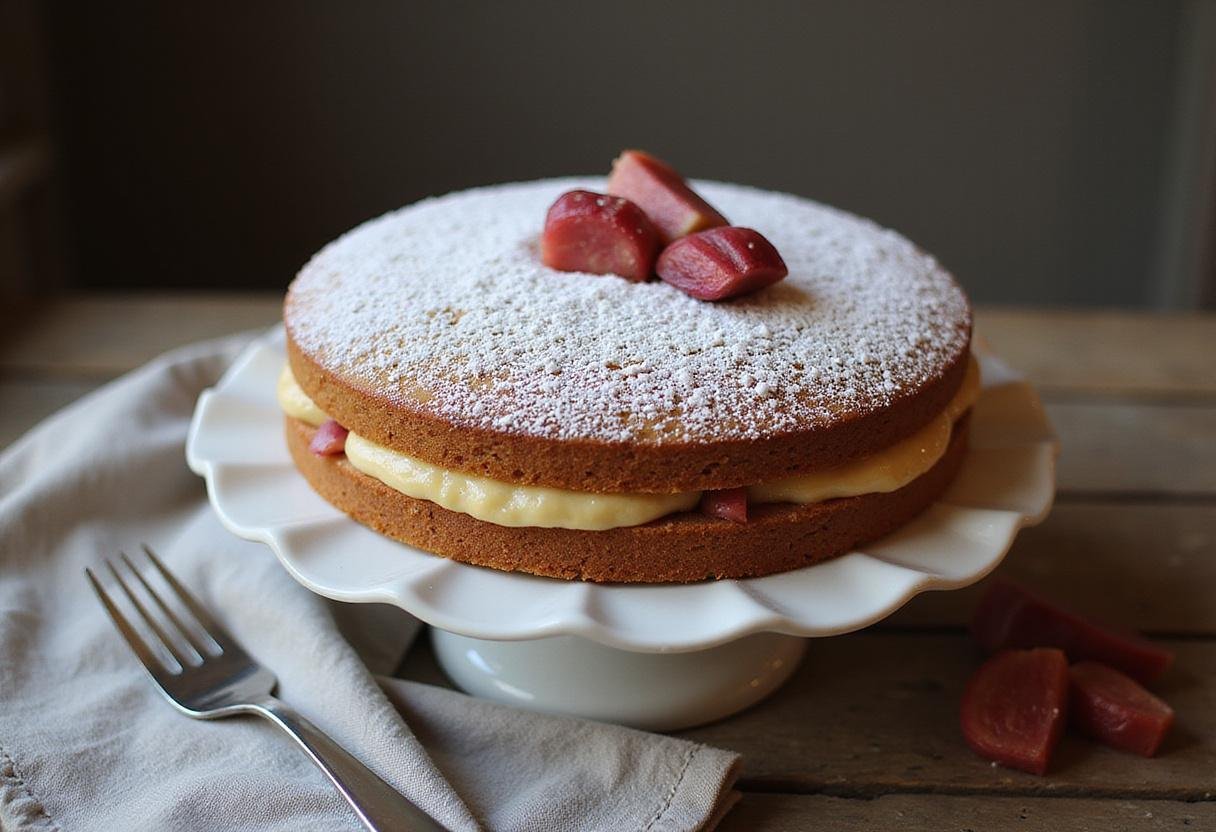 A stunning rhubarb and custard cake, showcasing its delectable layers and garnished perfectly, ideal for dessert lovers.