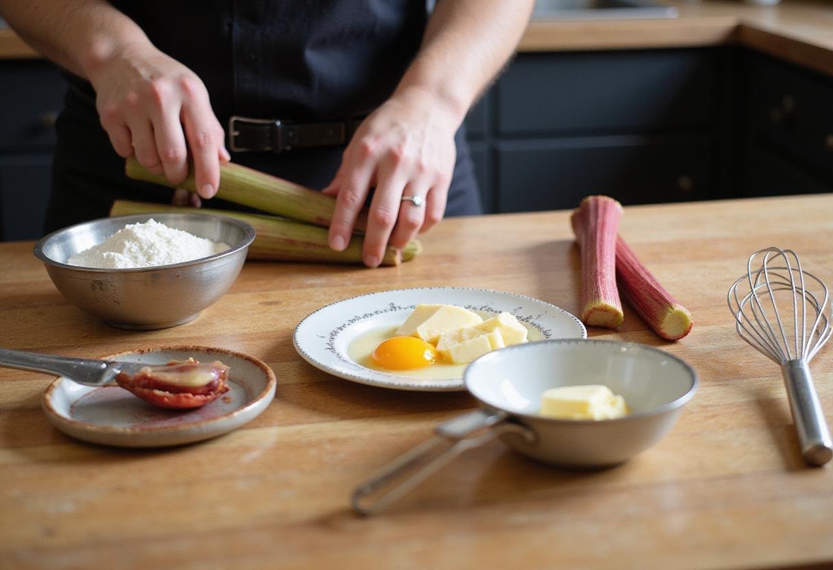 Preparing fresh ingredients for rhubarb and custard cake with rhubarb stalks, sugar, flour, and eggs, showcasing a vibrant kitchen scene.