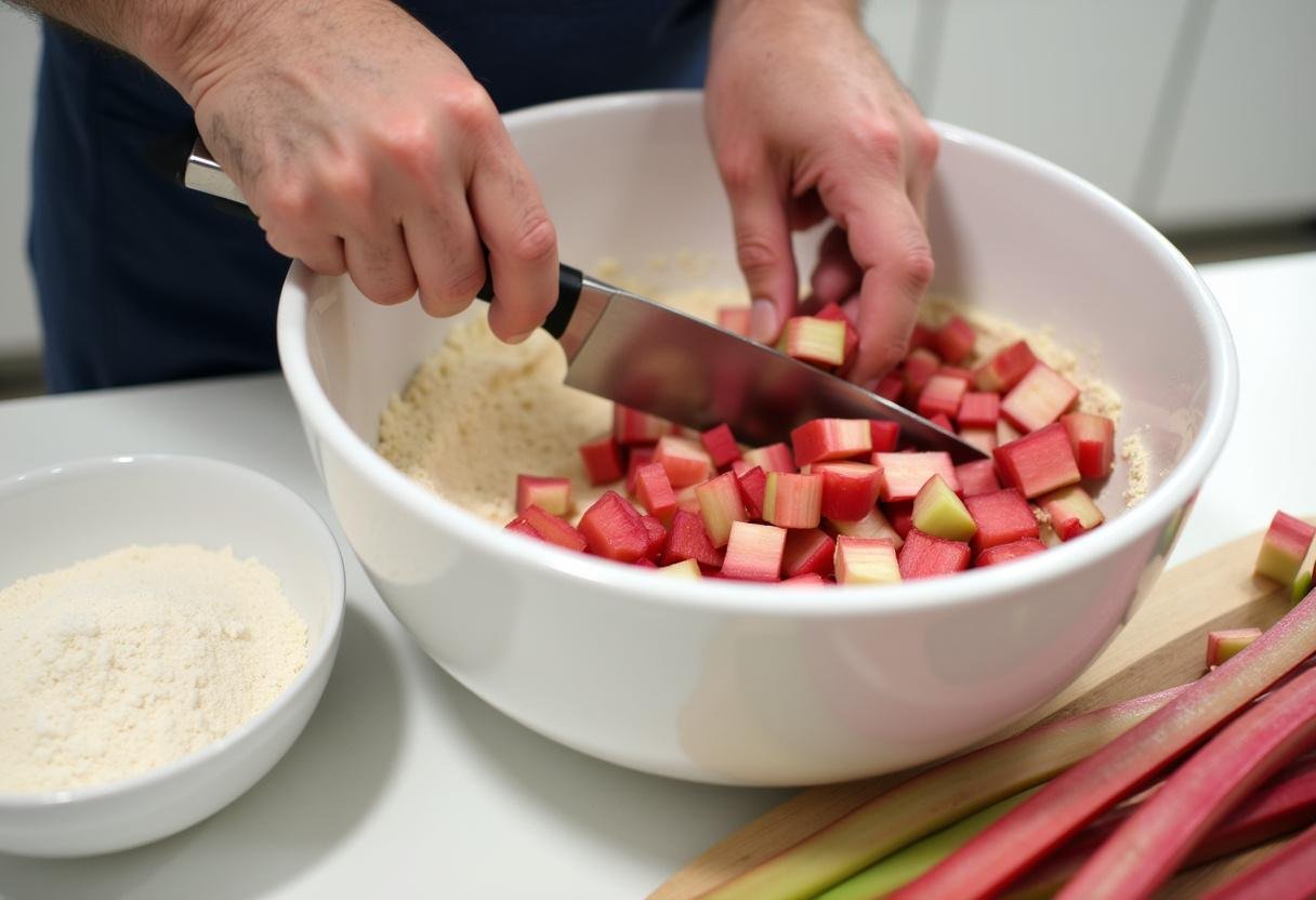 Chopping fresh rhubarb for rhubarb and custard cake, capturing the essence of a lively cooking atmosphere filled with ingredients.