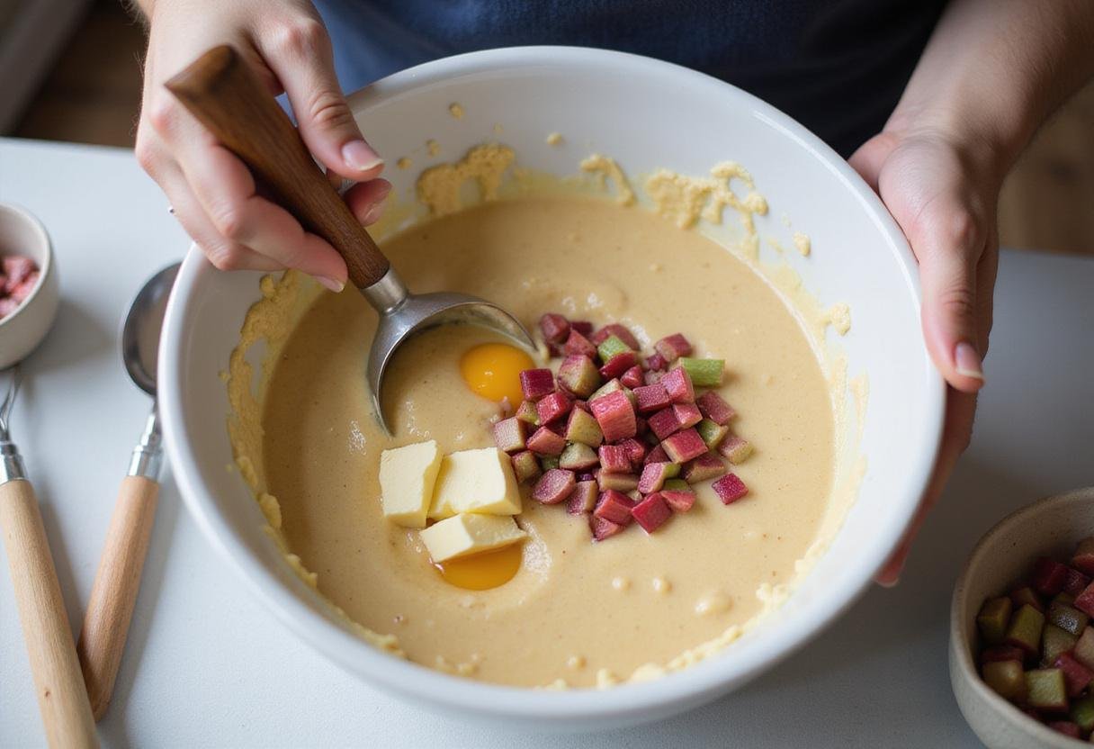 Creating a smooth batter for rhubarb and custard cake, showing the integration of rhubarb into the creamy mixture for a delicious dessert.
