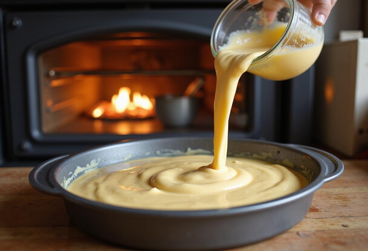 Pouring batter for rhubarb and custard cake into a tin, highlighting the anticipation of baking in a cozy kitchen.
