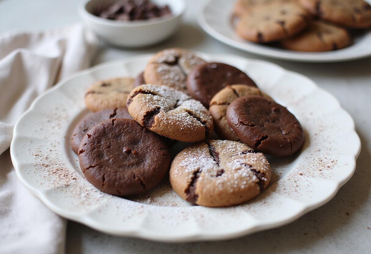 A stunning presentation of rich chocolate wafer cookies, chocolate fudge cookies, and chocolate drop cookies arranged on a plate, showcasing a mouthwatering chocolate cookie recipe.