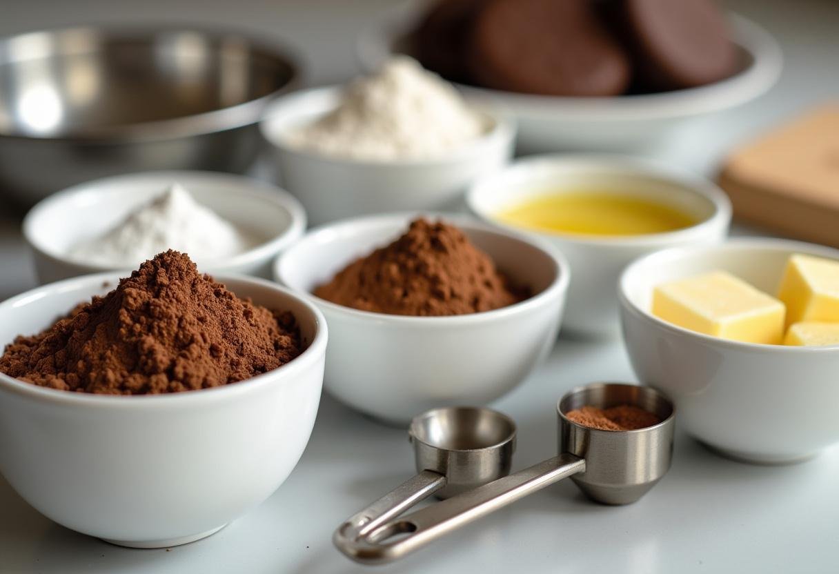 Ingredients for chocolate wafer cookies including flour, cocoa powder, and melted butter displayed on a kitchen countertop for a rich chocolate cookie recipe.