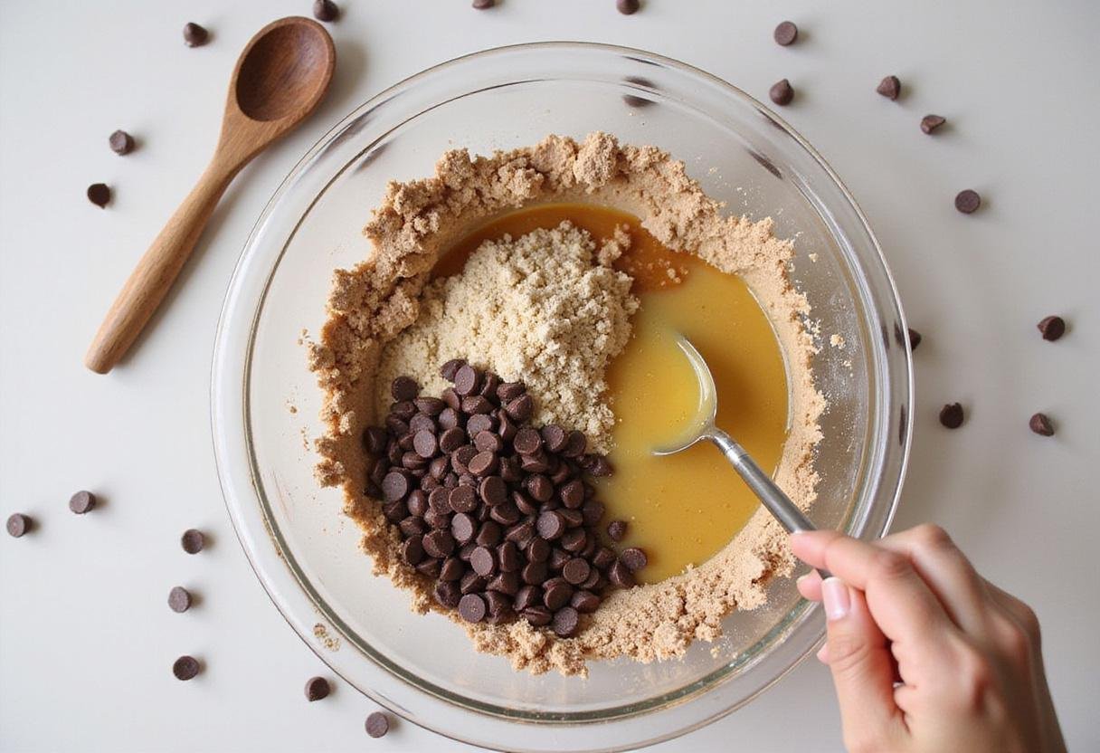 Mixing bowl with dry ingredients and melted butter prepared for chocolate fudge cookies, showcasing a rich chocolate cookie recipe with chocolate chips.
