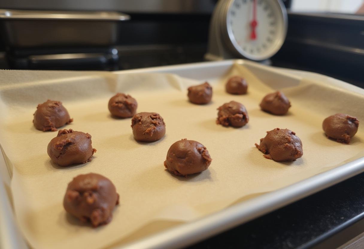 Baking sheet filled with chocolate drop cookie dough for a rich chocolate cookie recipe, demonstrating the preparation of delicious chocolate cookies ready for baking.