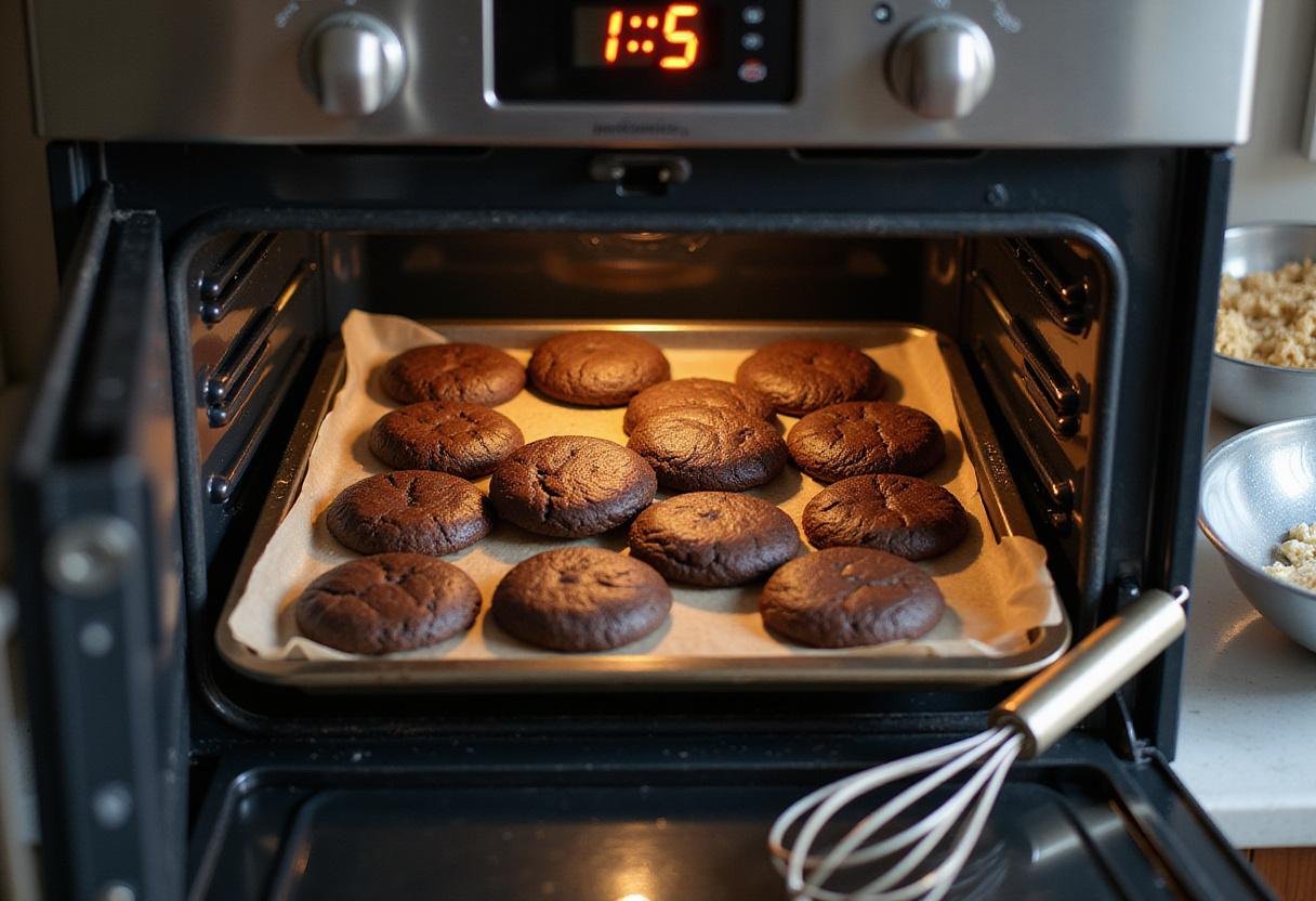 Freshly baked rich chocolate cookies in the oven, ready to be enjoyed, emphasizing the final stage of making chocolate wafer, fudge, and drop cookies.