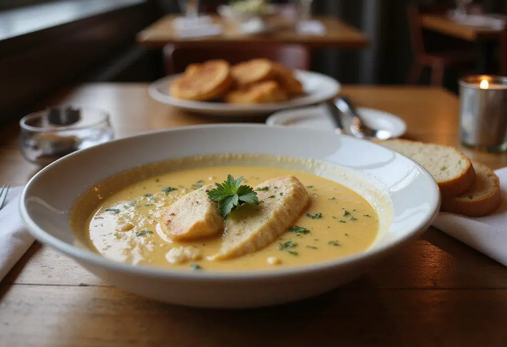 Deliciously presented crock pot creamy chicken parmesan soup served with fresh herbs and bread in a charming dining environment.