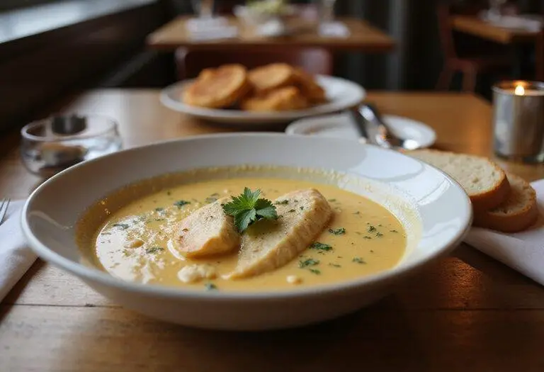 Deliciously presented crock pot creamy chicken parmesan soup served with fresh herbs and bread in a charming dining environment.