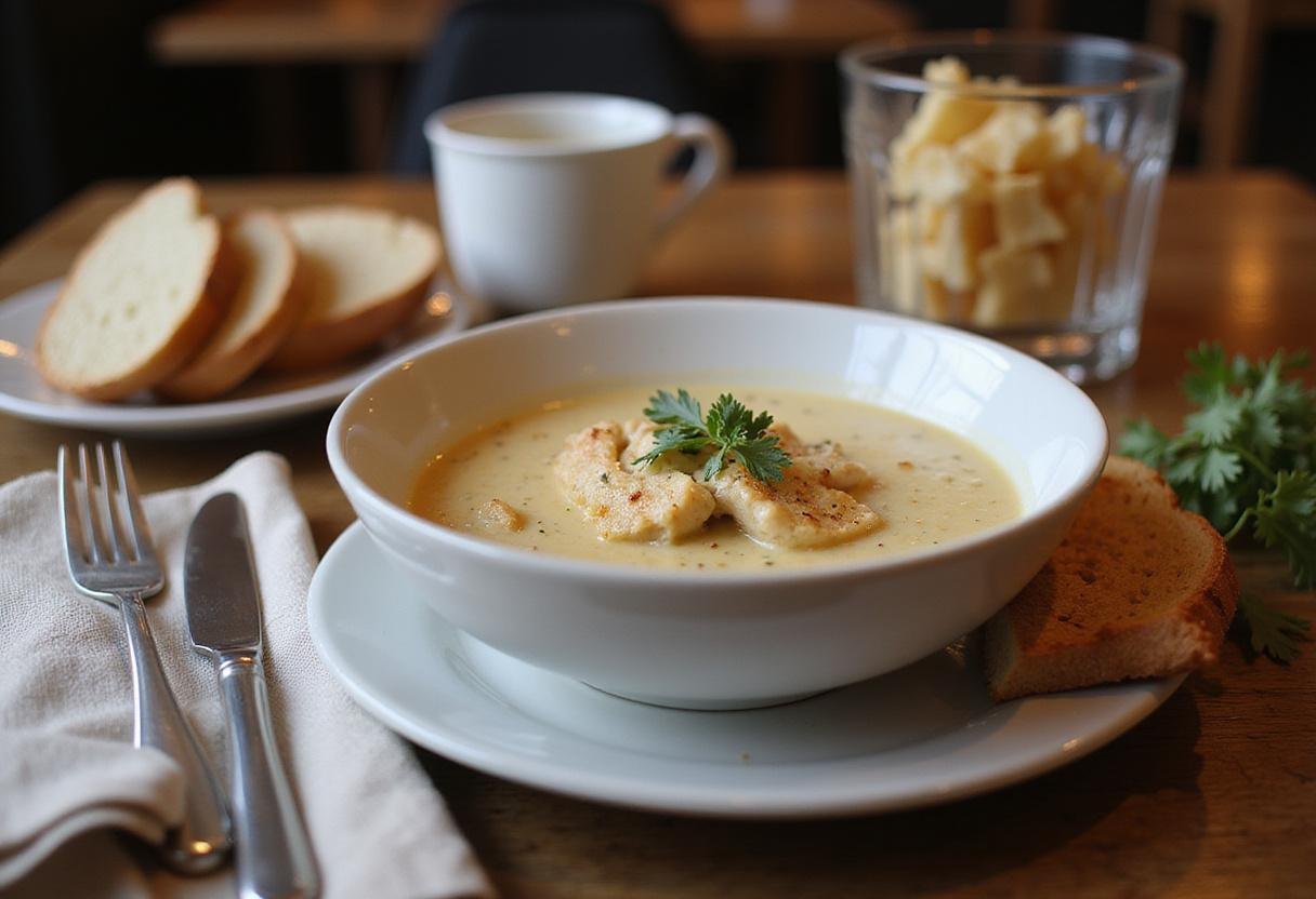 Deliciously presented crock pot creamy chicken parmesan soup served with fresh herbs and bread in a charming dining environment.