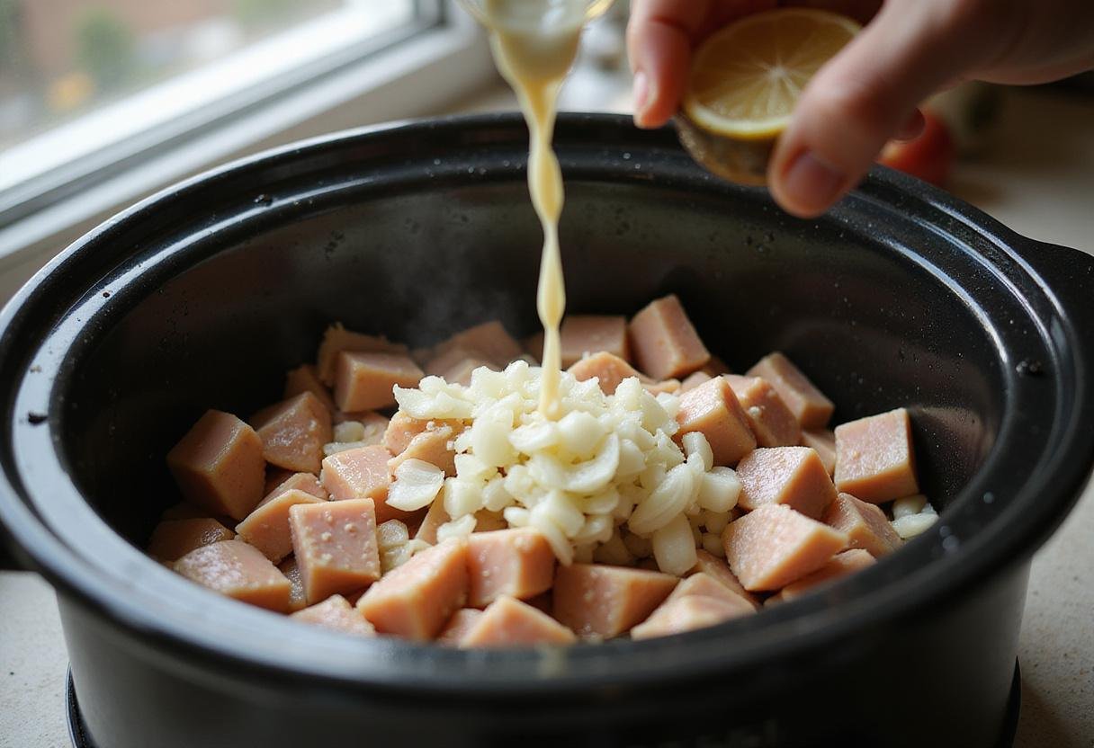 Crock pot creamy chicken parmesan soup ingredients including diced chicken, garlic, and onions in a warm kitchen.