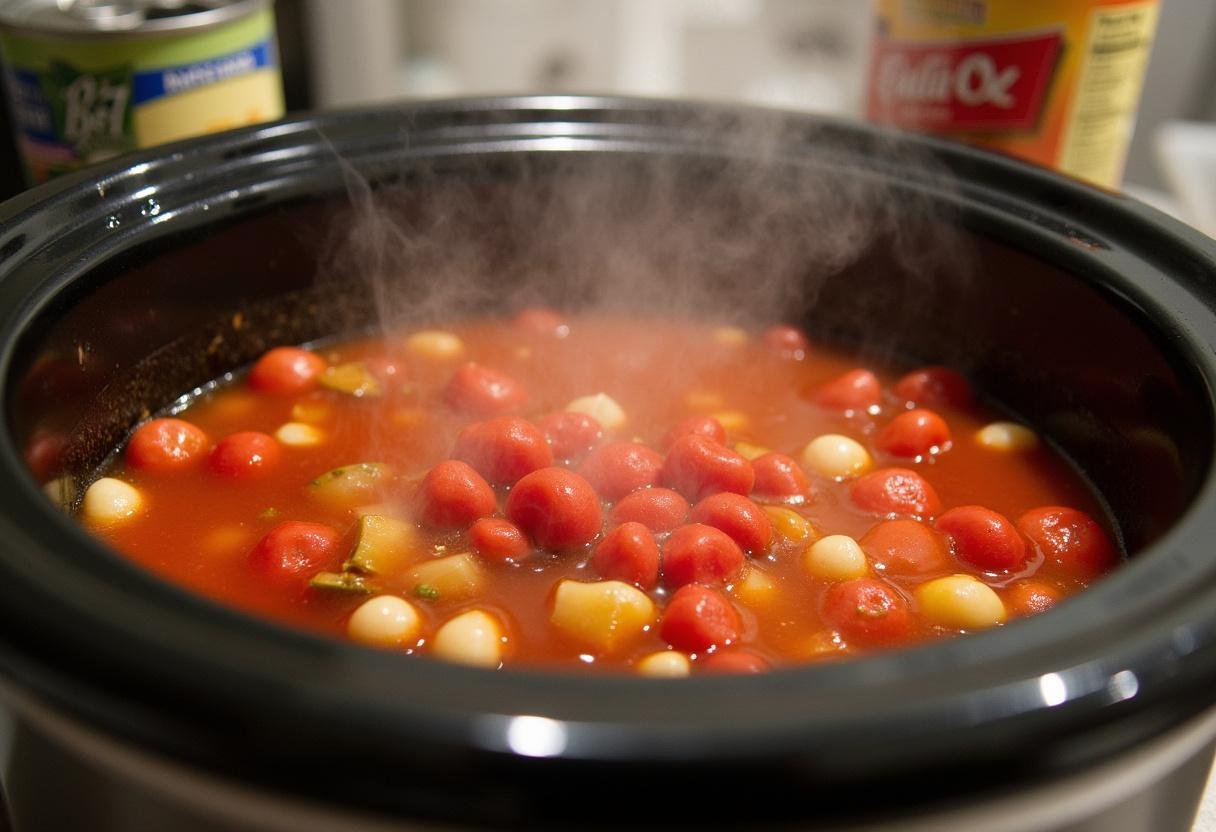 Rich ingredients for crock pot creamy chicken parmesan soup simmering, featuring diced tomatoes and broth.