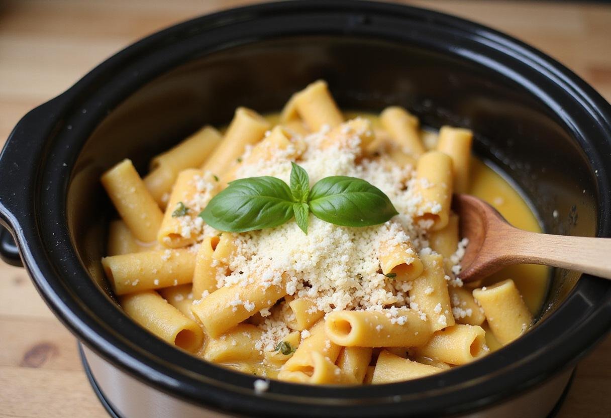 Adding grated Parmesan and basil to crock pot creamy chicken parmesan soup, illustrating the rich, creamy mixture.