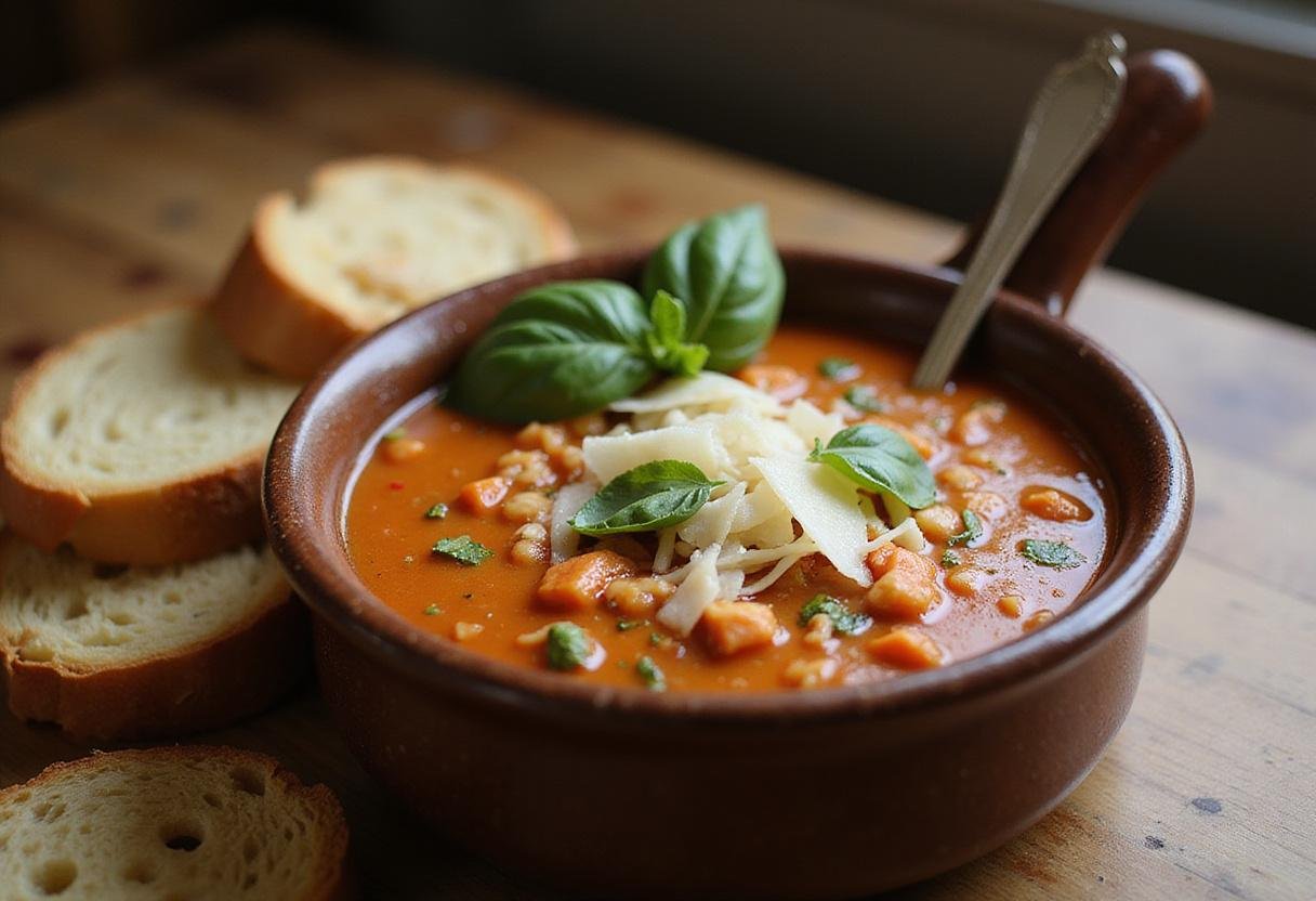 Finished bowl of crock pot creamy chicken parmesan soup, garnished beautifully and ready to serve with crusty bread.