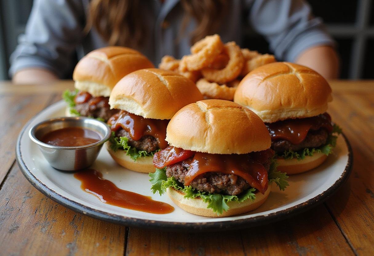 Gorgeous presentation of roast beef sliders served with onion rings and barbecue sauce, showcasing the ultimate roast beef dishes for gatherings.