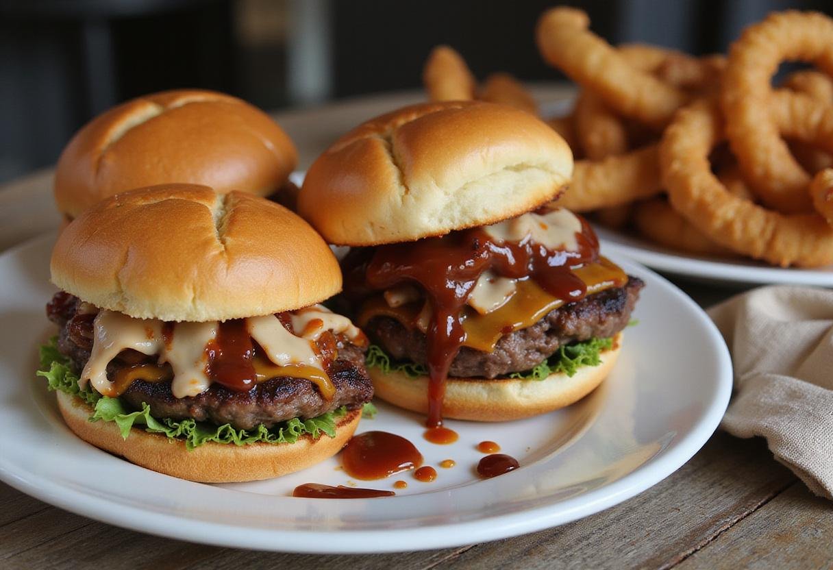 Gorgeous presentation of roast beef sliders served with onion rings and barbecue sauce, showcasing the ultimate roast beef dishes for gatherings.
