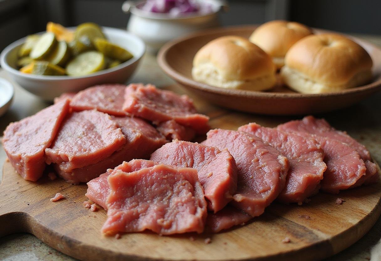 Roast Beef Sliders preparation with fresh toppings and perfectly sliced roast beef on a cutting board, ideal for roast beef recipes.