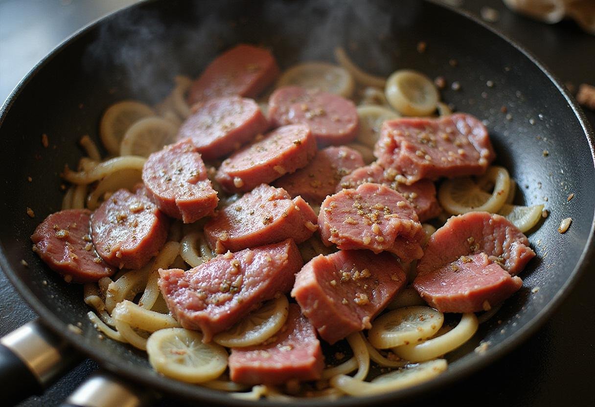 Sautéing sliced roast beef with onions and seasonings in a frying pan, showcasing an irresistible step for making roast beef recipes.