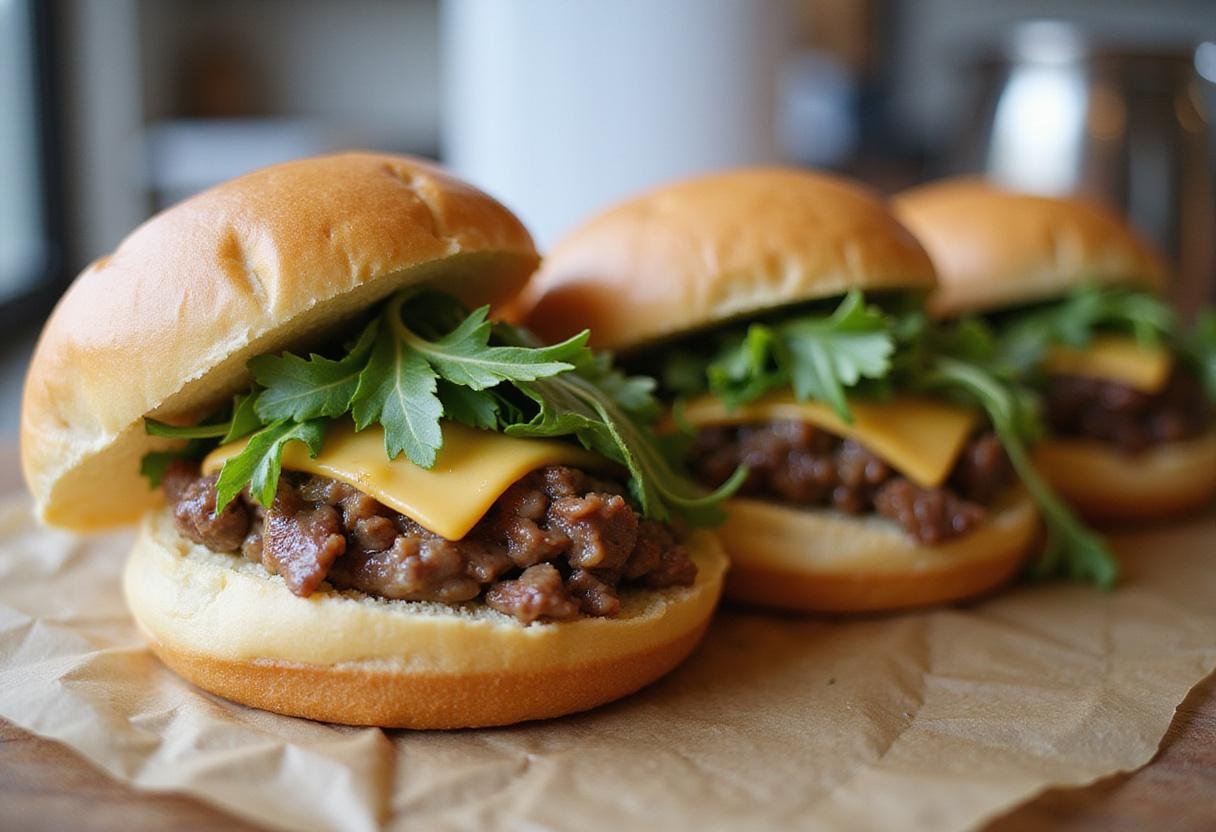 Assembling delicious roast beef sliders with sizzling beef, melted cheese, and fresh arugula in a warm kitchen, perfect for roast beef and noodles.