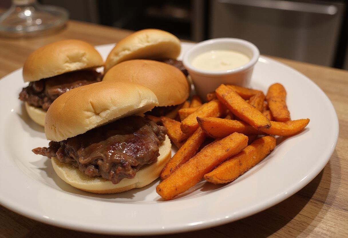 Beautifully finished roast beef sliders displayed with sweet potato fries, making the perfect roast beef dish for any occasion.