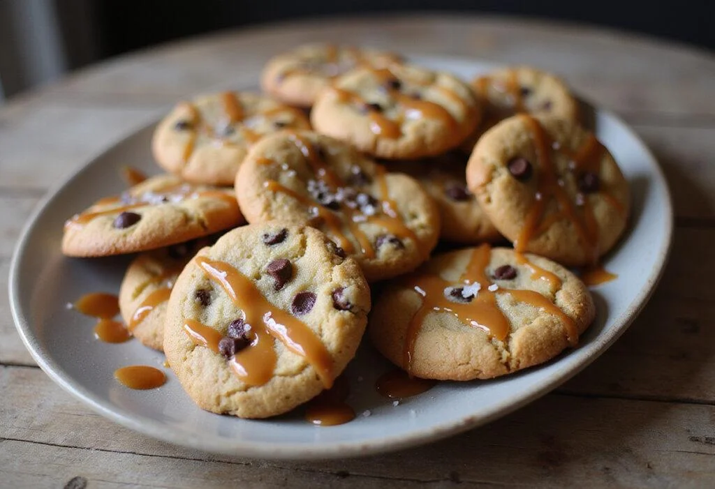 Delicious platter of salted caramel chocolate chip cookies drizzled with warm caramel and sea salt, perfect for dessert.