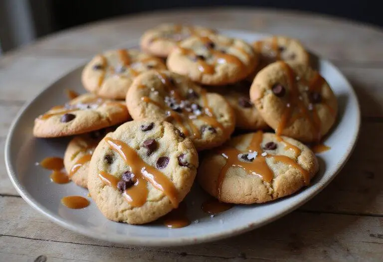 Delicious platter of salted caramel chocolate chip cookies drizzled with warm caramel and sea salt, perfect for dessert.