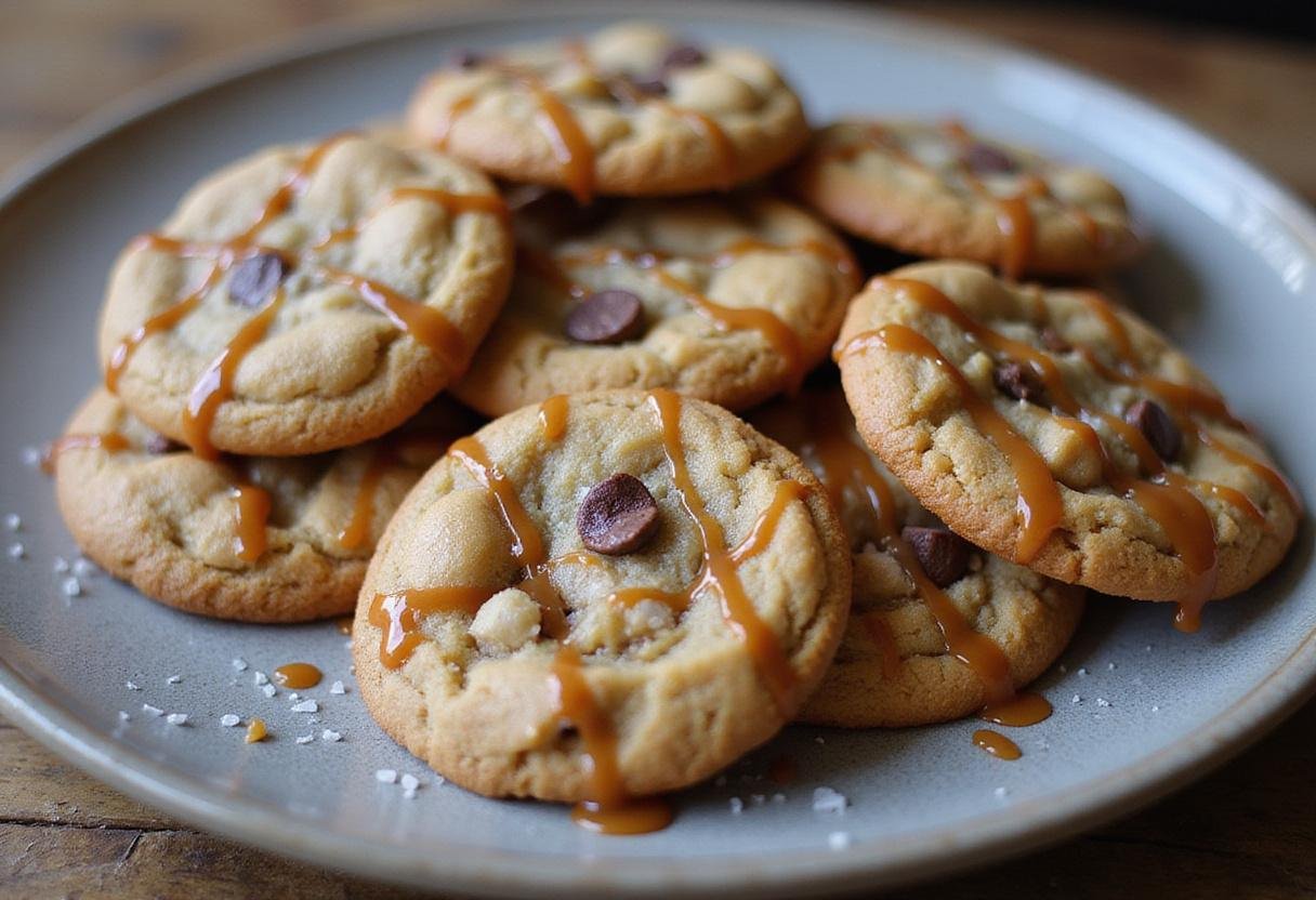 Delicious platter of salted caramel chocolate chip cookies drizzled with warm caramel and sea salt, perfect for dessert.