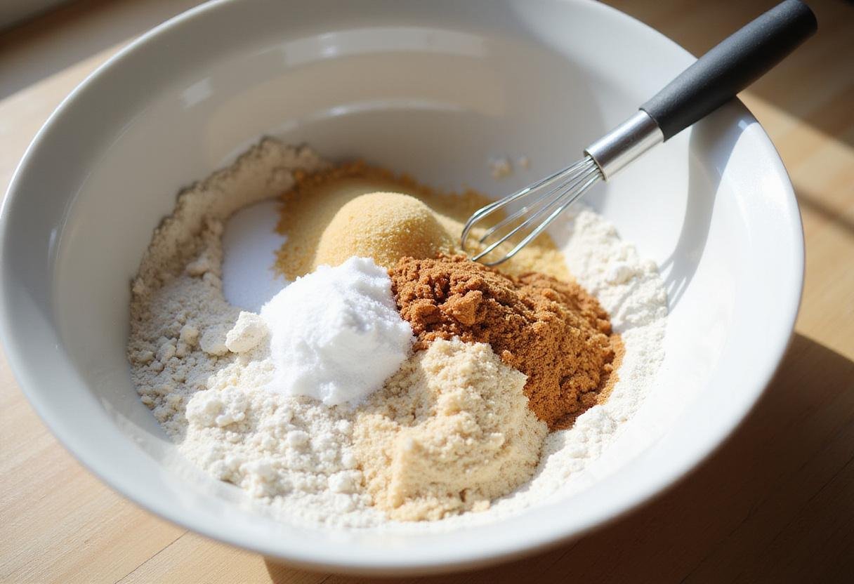 Ingredients for salted caramel chocolate chip cookies including flour, brown sugar and baking soda mixed in a bowl.